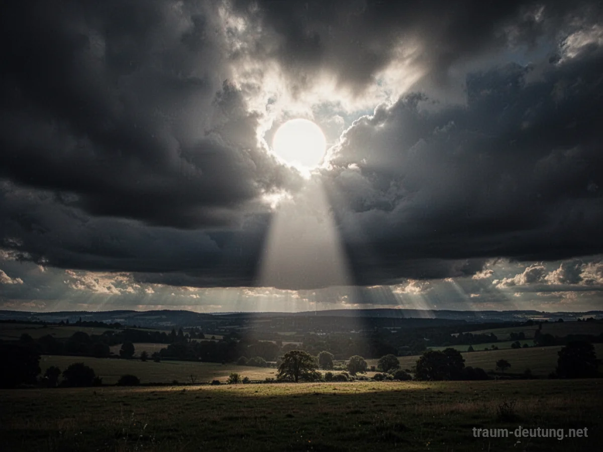 Dunkle Wolken verdecken die Sonne über einer Landschaft, ein Lichtstrahl bricht hindurch.