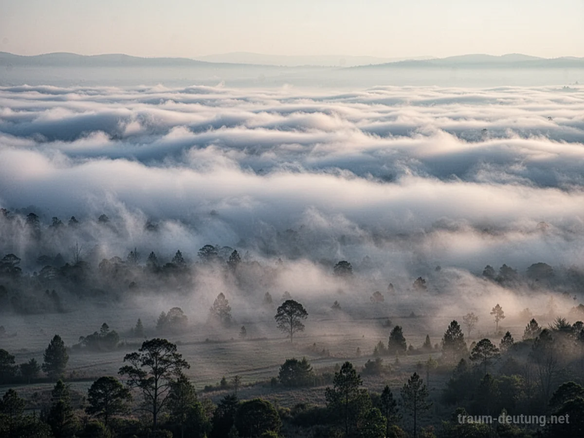 Wolken verwandeln sich in dichten Nebel, der eine Landschaft verschleiert.