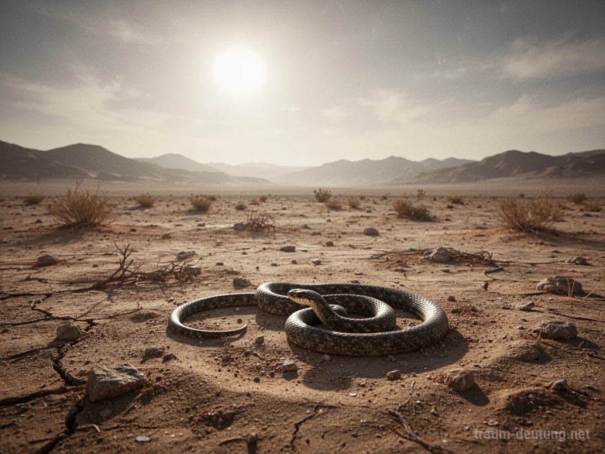 Eine einsame Wüstenlandschaft mit einer sich windenden Schlange im Sand.