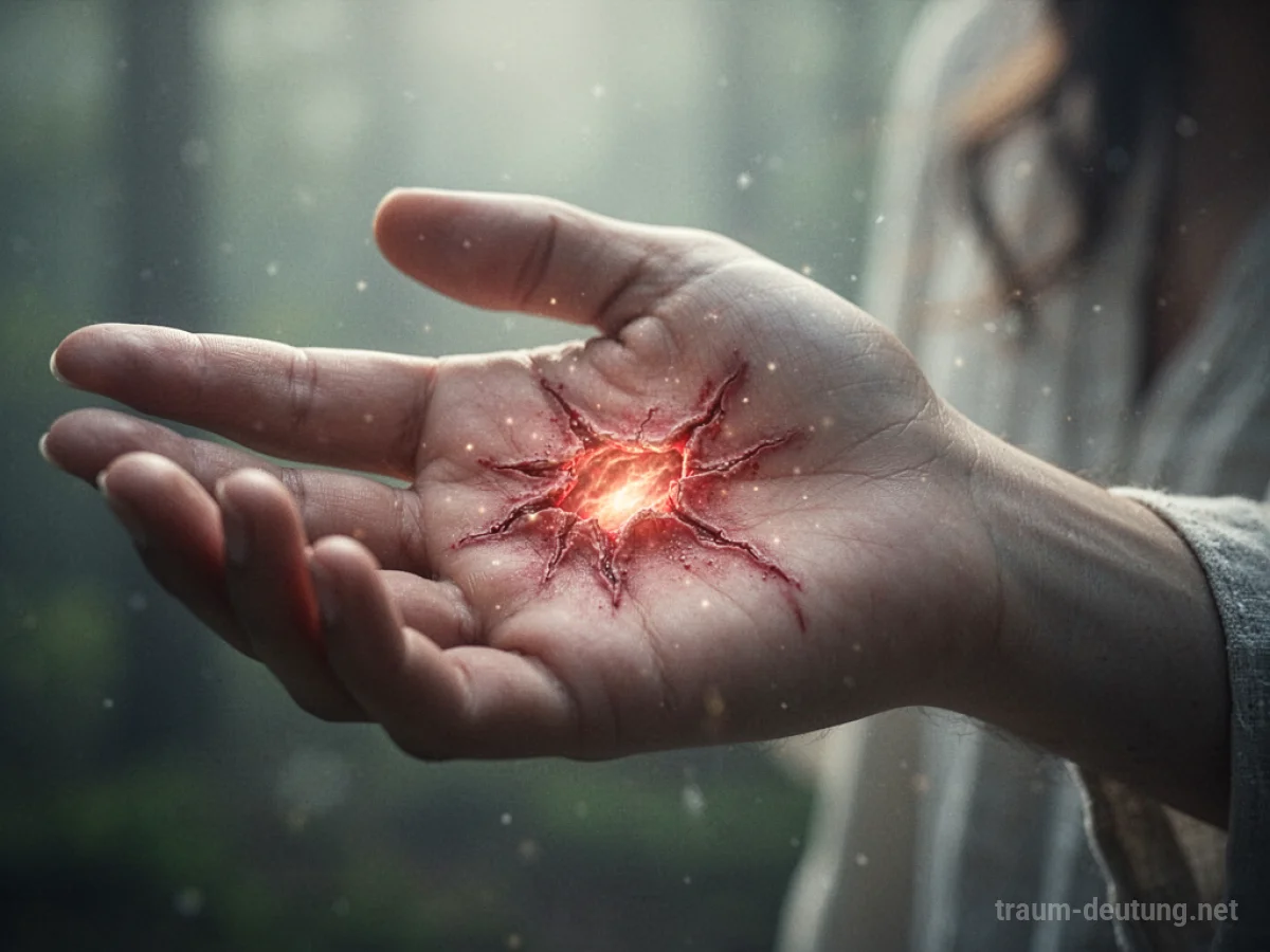Symbolische Wunde an einer Hand, die von heilendem Licht umgeben ist.
