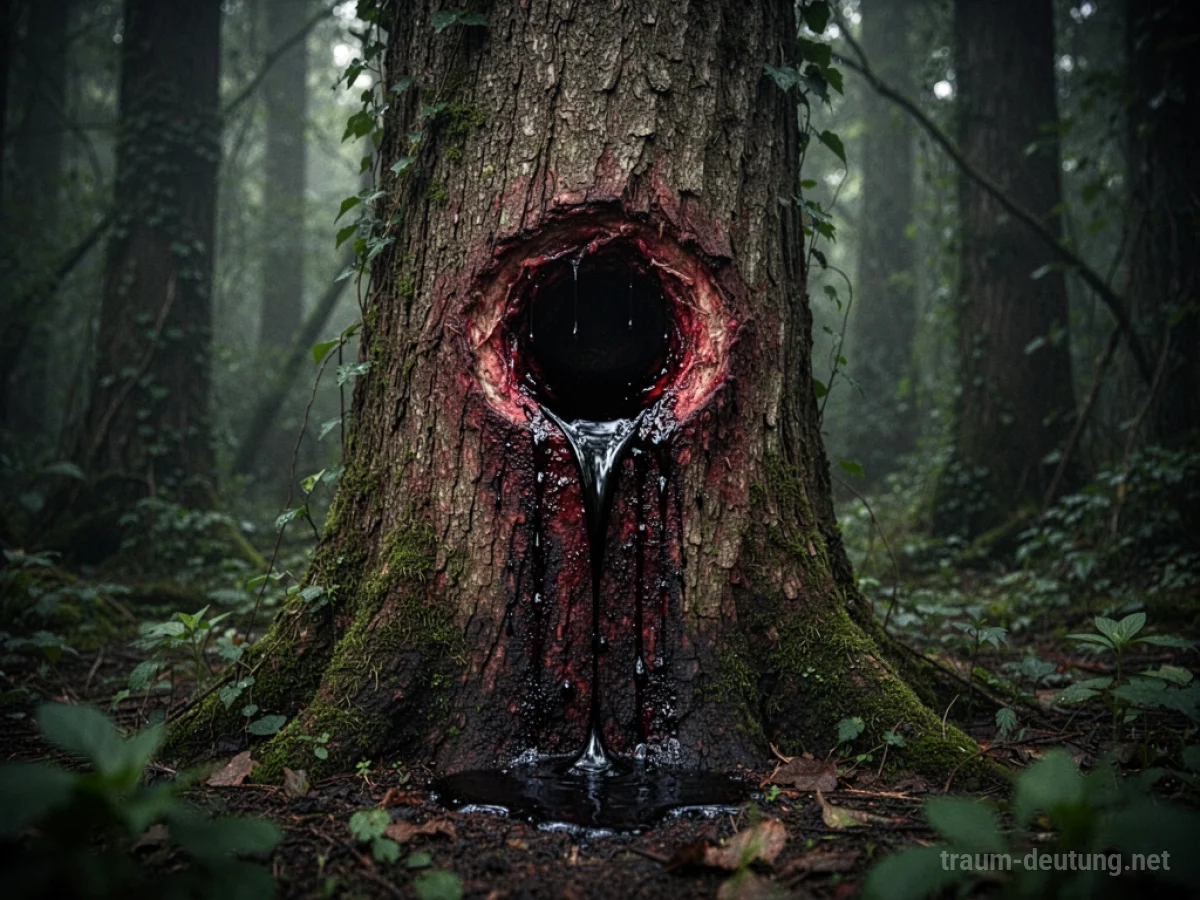 Eine symbolische Darstellung einer eiternden Wunde an einem Baumstamm im Wald.