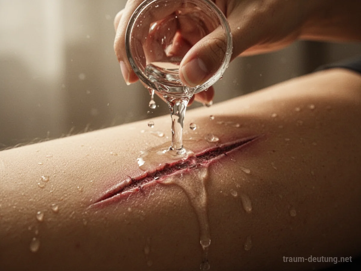 Hand reinigt eine oberflächliche Wunde mit klarem Wasser