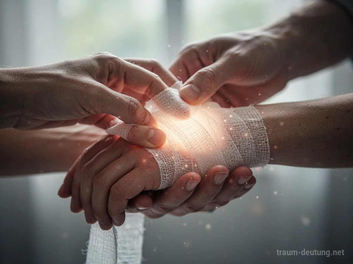 Hand verbindet eine Wunde mit einem Verband