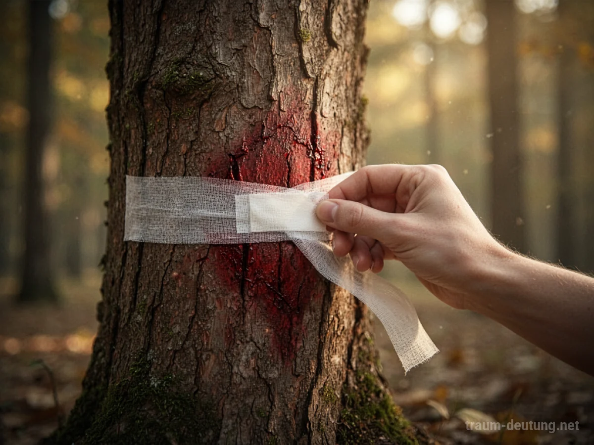 Hand versorgt symbolische Wunde an Baumstamm