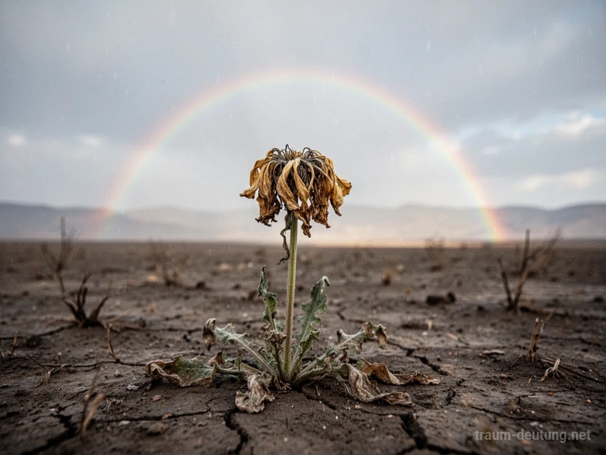 Welke Blume in karger Landschaft mit einem fernen Regenbogen am Horizont.