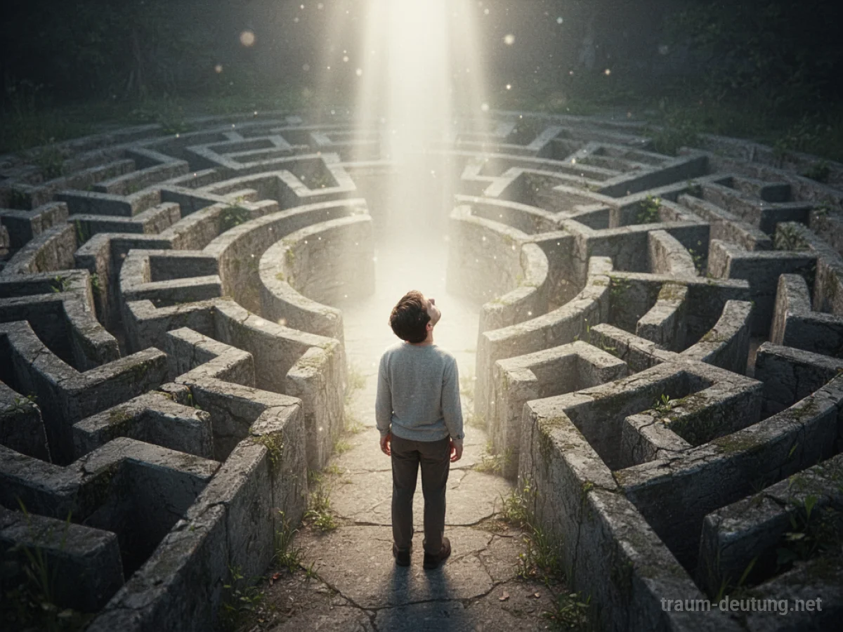 Helle Leuchtquelle erhellt einen Weg aus einem Labyrinth.