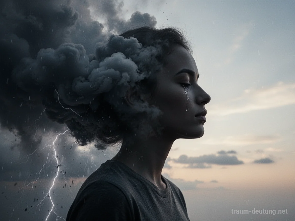 Schattenbild einer Person, die von dunklen zu hellen Wolken wechselt, symbolisiert Wandel von Wut zu Trauer.