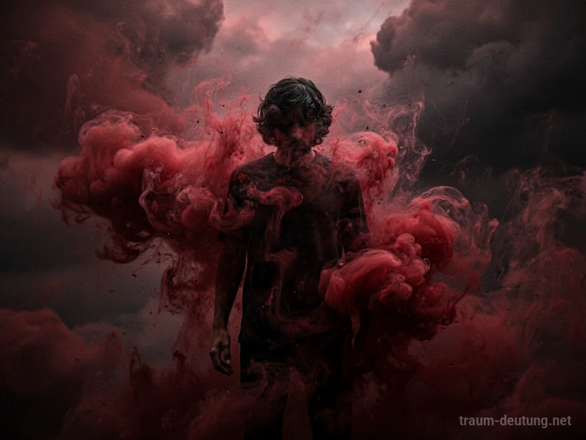 Silhouettenhafte Figur im Sturm aus roten und schwarzen Wolken