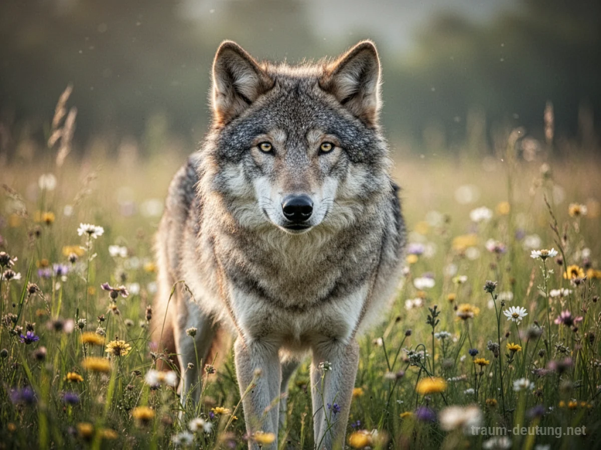 Ein zahmer Wolf steht friedlich auf einer sonnigen Wiese.