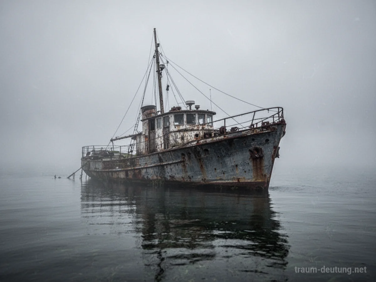 Eine alte Yacht liegt im Nebel auf dem Wasser