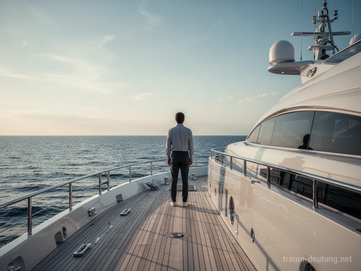 Person auf einer Yacht stehend, blickt auf ruhige See.