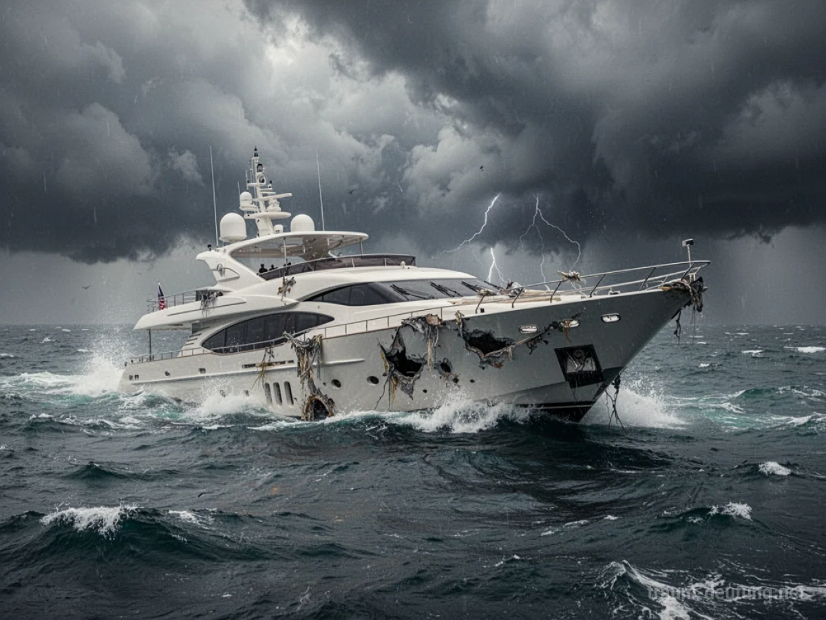 Eine stark beschädigte Yacht im stürmischen Meer