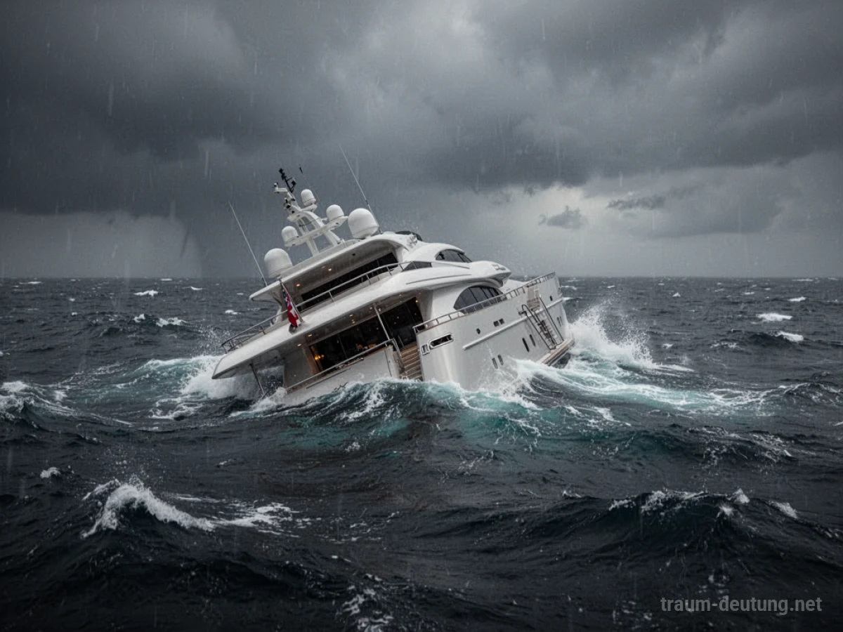 Eine zerbrochene Yacht versinkt im aufgewühlten Meer unter stürmischem Himmel.