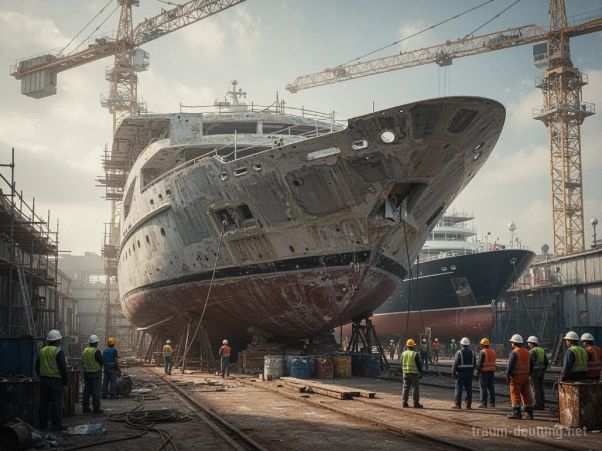 Unfertige Yacht im Bau auf einem Trockendock