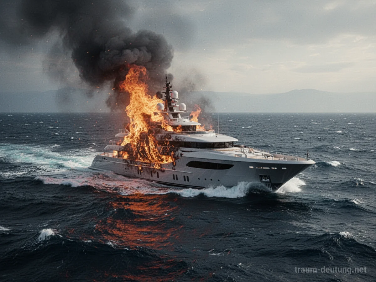 Brennende Yacht auf stürmischem Meer, symbolisiert intensive Veränderungen.