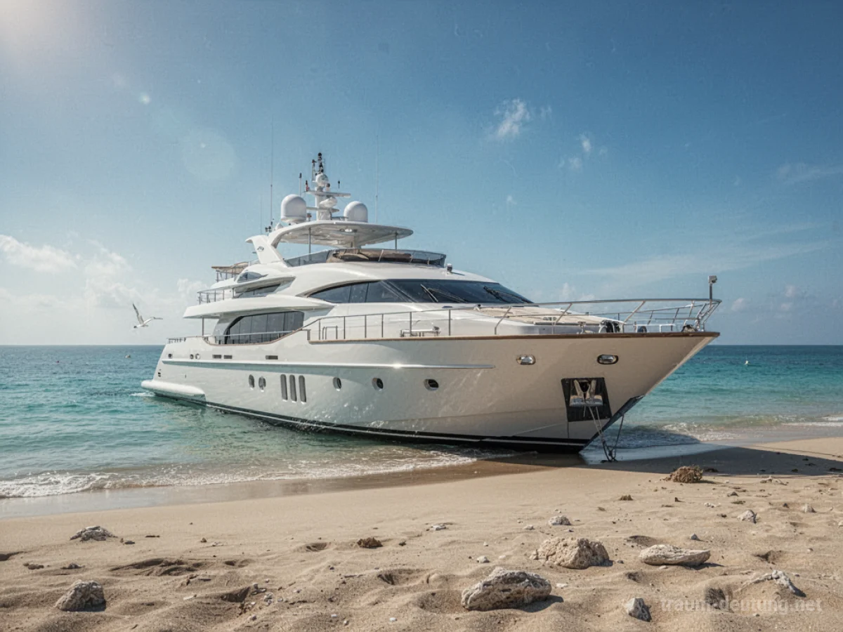 Luxuriöse Yacht liegt am Strand im seichten Wasser.