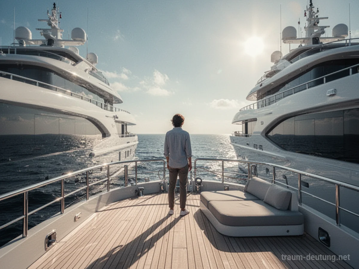 Eine Person steht auf dem Deck einer luxuriösen Yacht und blickt auf das Meer.