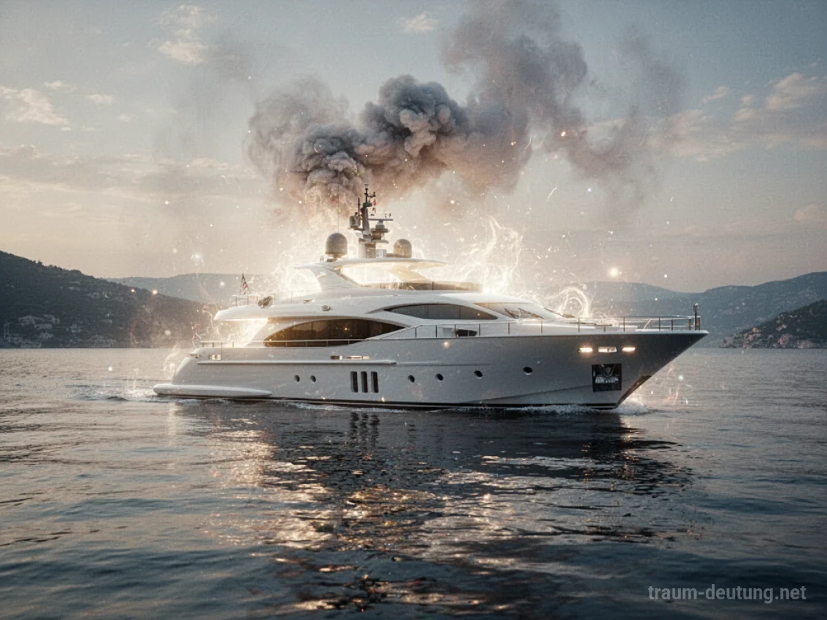 Eine Yacht wird von einem hellen, symbolischen Licht umschlossen, das eine Explosion andeutet.