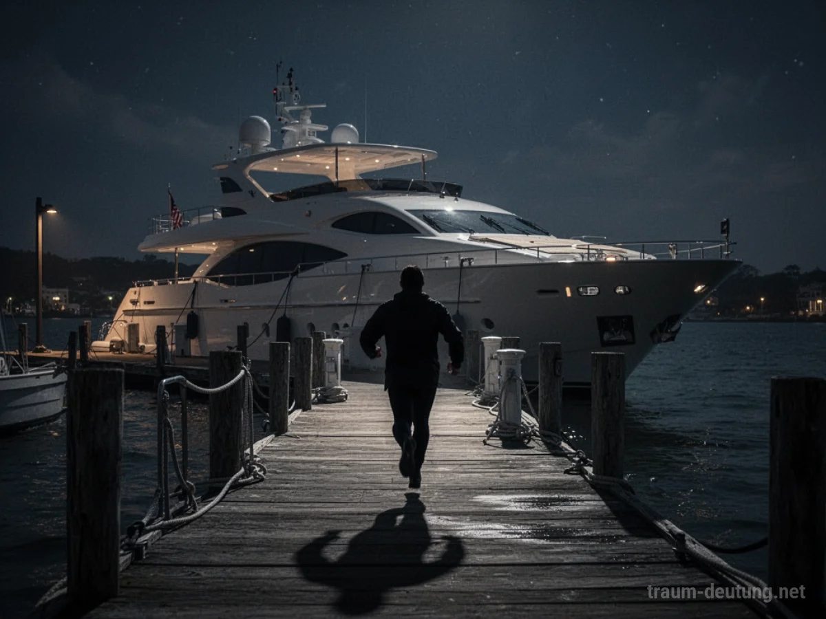 Eine Yacht liegt nachts am Steg, während eine dunkle Gestalt davonläuft.