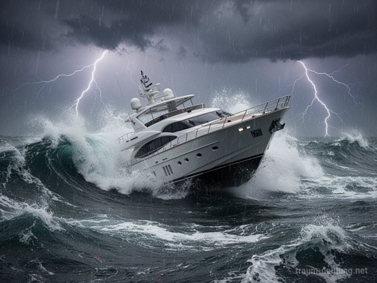 Yacht kämpft gegen hohe Wellen und Sturm während einer stürmischen Nacht