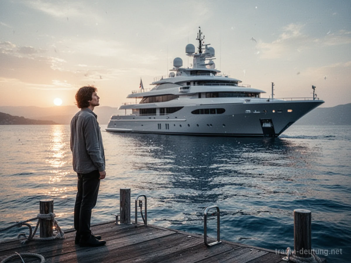 Traum, eine Yacht kaufen zu wollen: Eine Person betrachtet nachdenklich eine Luxusyacht am Steg bei Sonnenuntergang.