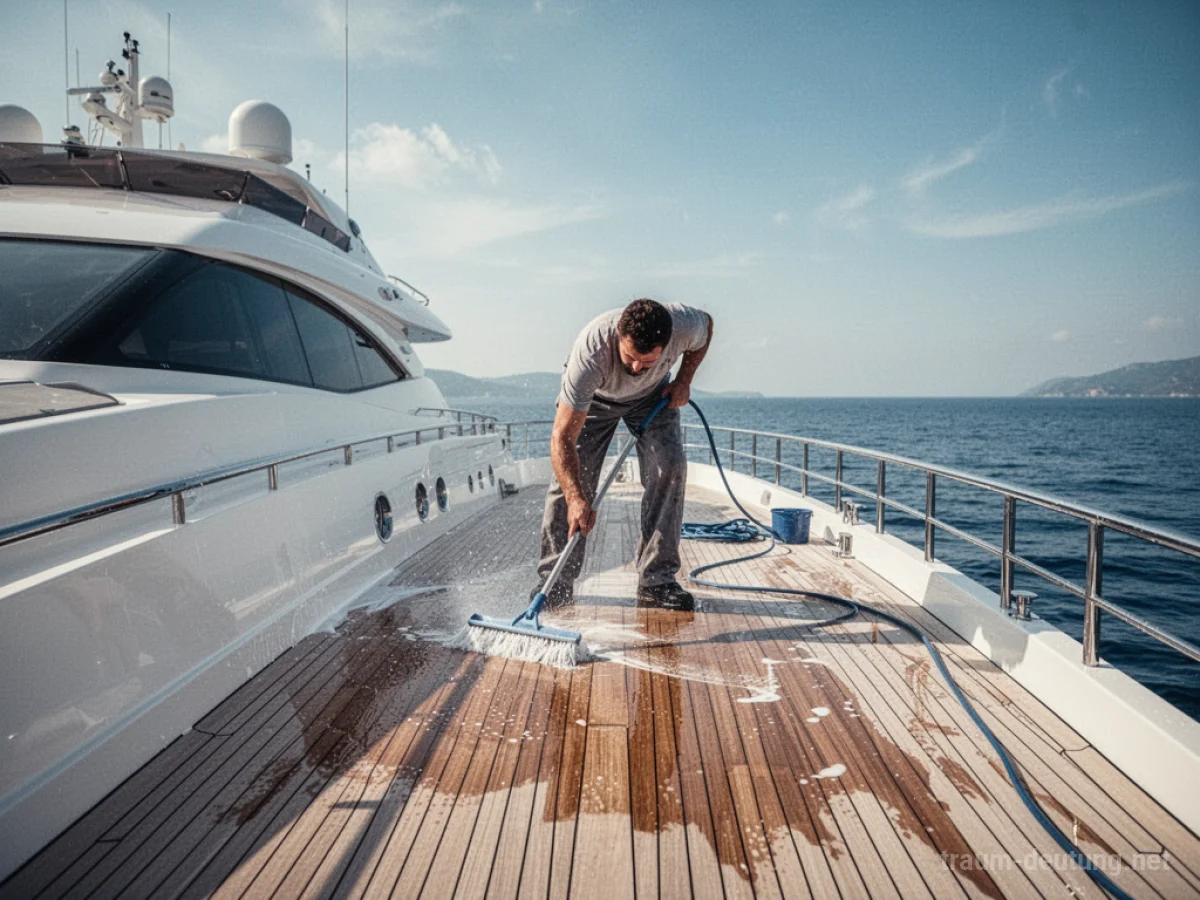 Eine Person reinigt sorgfältig das Deck einer Yacht auf ruhigem Wasser.