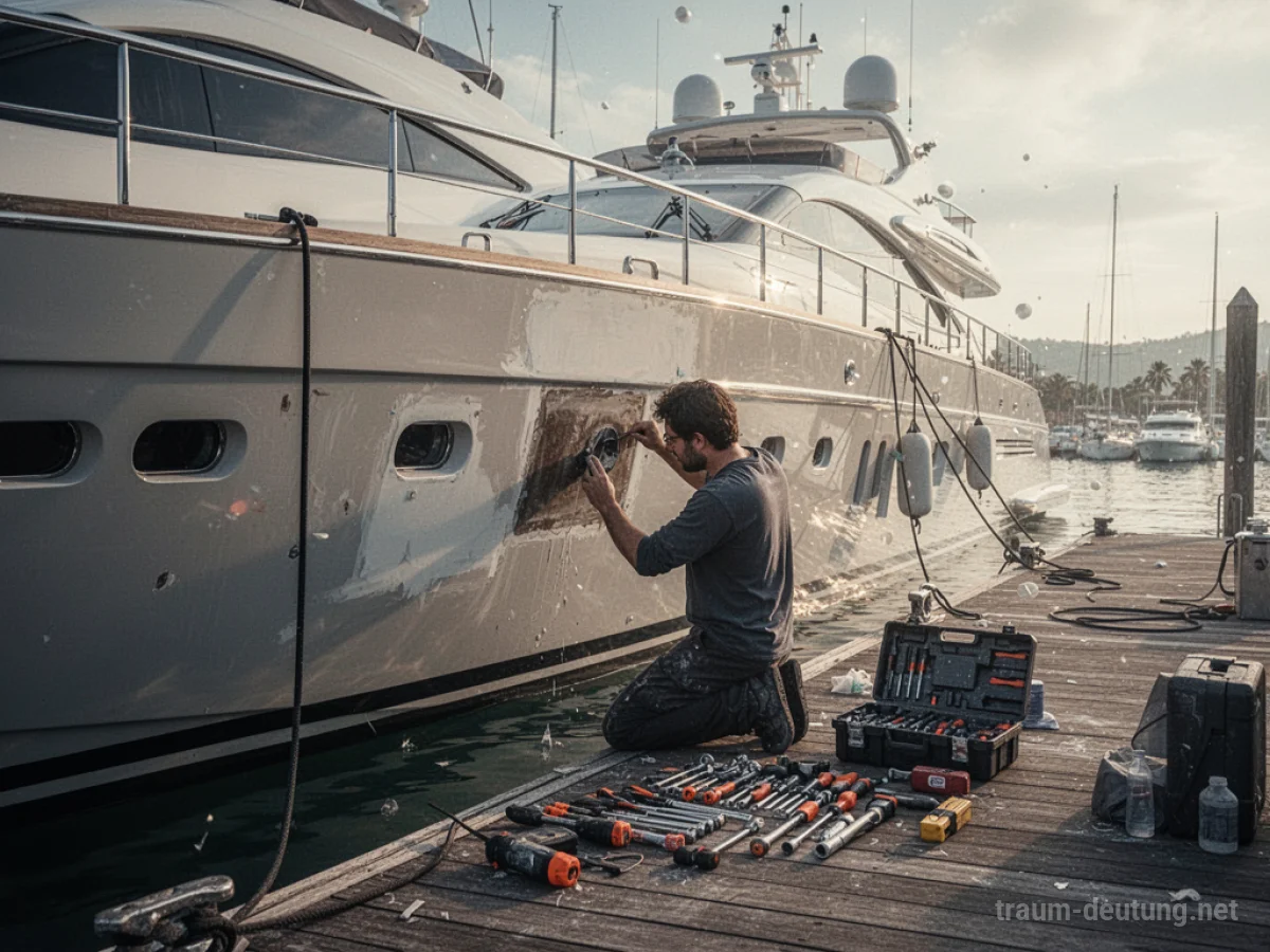 Person repariert eine Yacht im Hafen