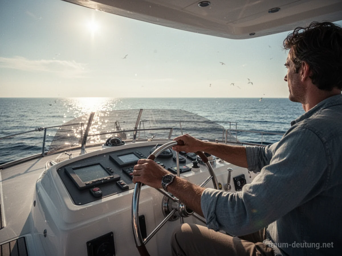 Person steuert eine Yacht auf ruhiger See mit klarem Horizont
