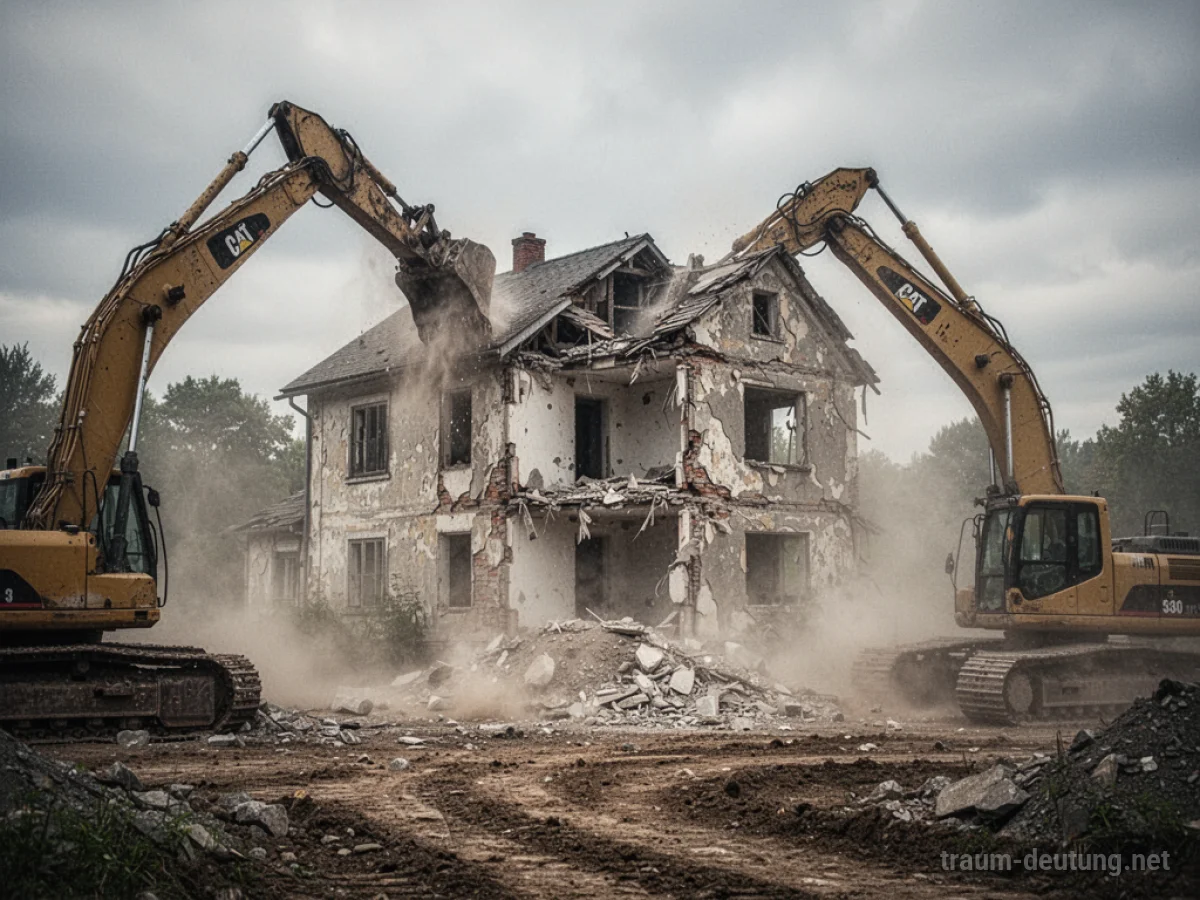 Ein altes Haus wird abgerissen, Staubwolken steigen auf.