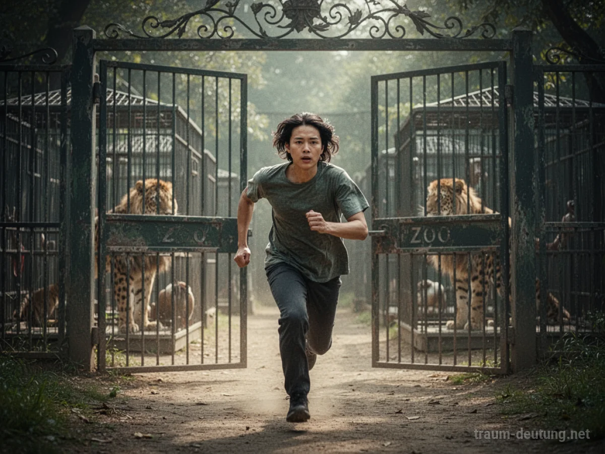 Person flieht aus einem Zoo mit leeren Käfigen im Hintergrund