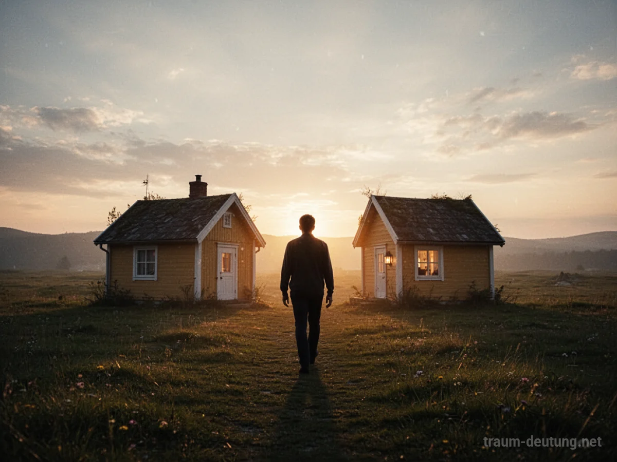 Eine einzelne Silhouette verlässt ein kleines Haus und geht in eine weite, helle Landschaft.