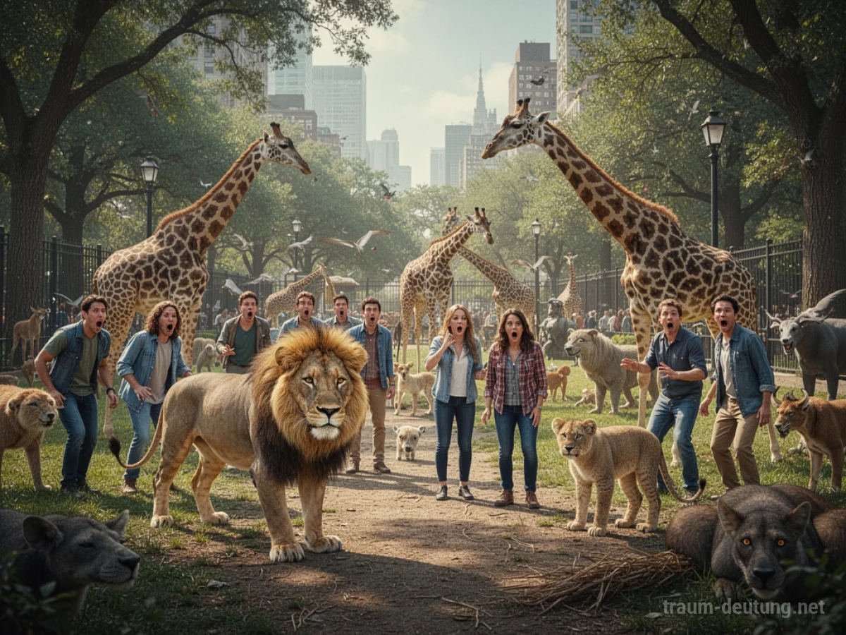 Ausgebrochene Zootiere in einer Stadtlandschaft, Menschen beobachten aus sicherer Entfernung.