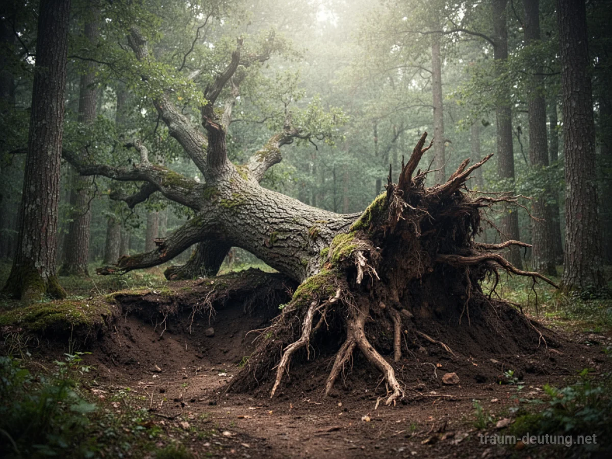 Ein entwurzelter Baum liegt auf der Seite, die Wurzeln sind aus der Erde gerissen.