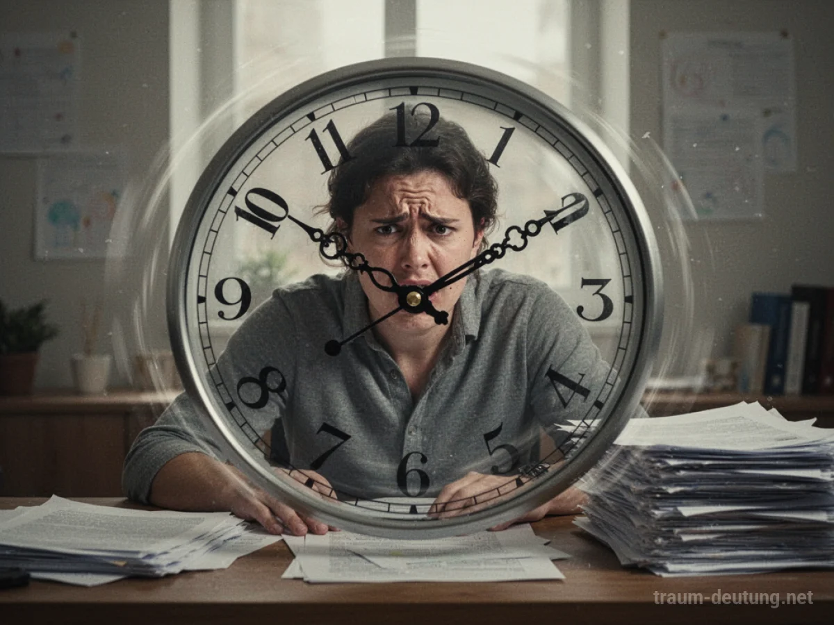 Uhr mit rasenden Zeigern über gestresster Person am Schreibtisch