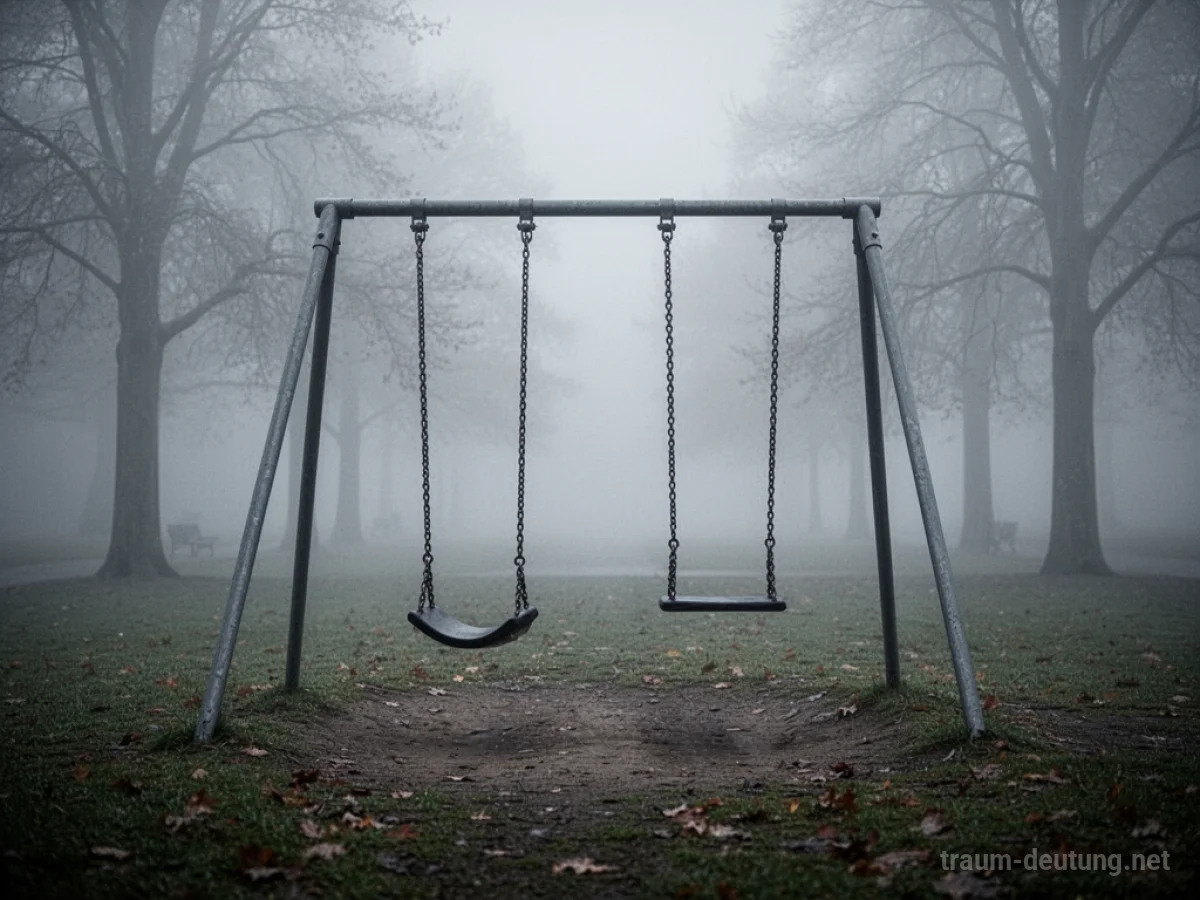 Leere Schaukel im Nebel, eine Schaukel bewegt sich leicht.