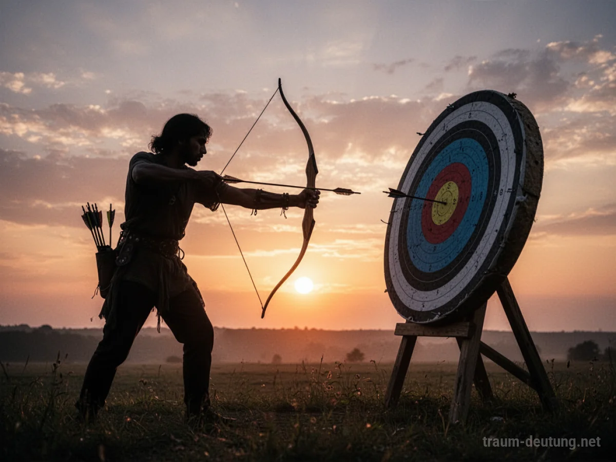 Silhouette einer Person, die mit einem Pfeil ein Ziel trifft, vor einem bunten Sonnenaufgang.