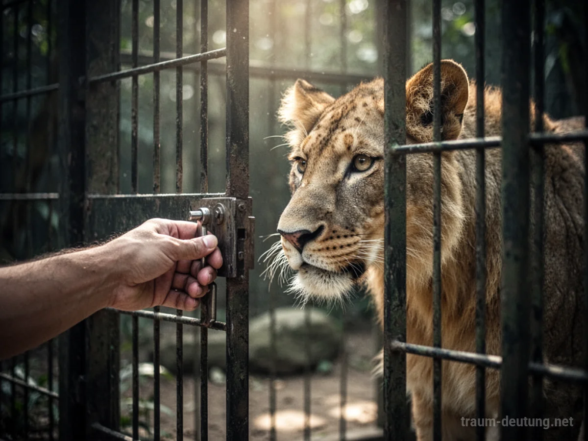 Hand öffnet Käfigtür im Zoo für ein Tier