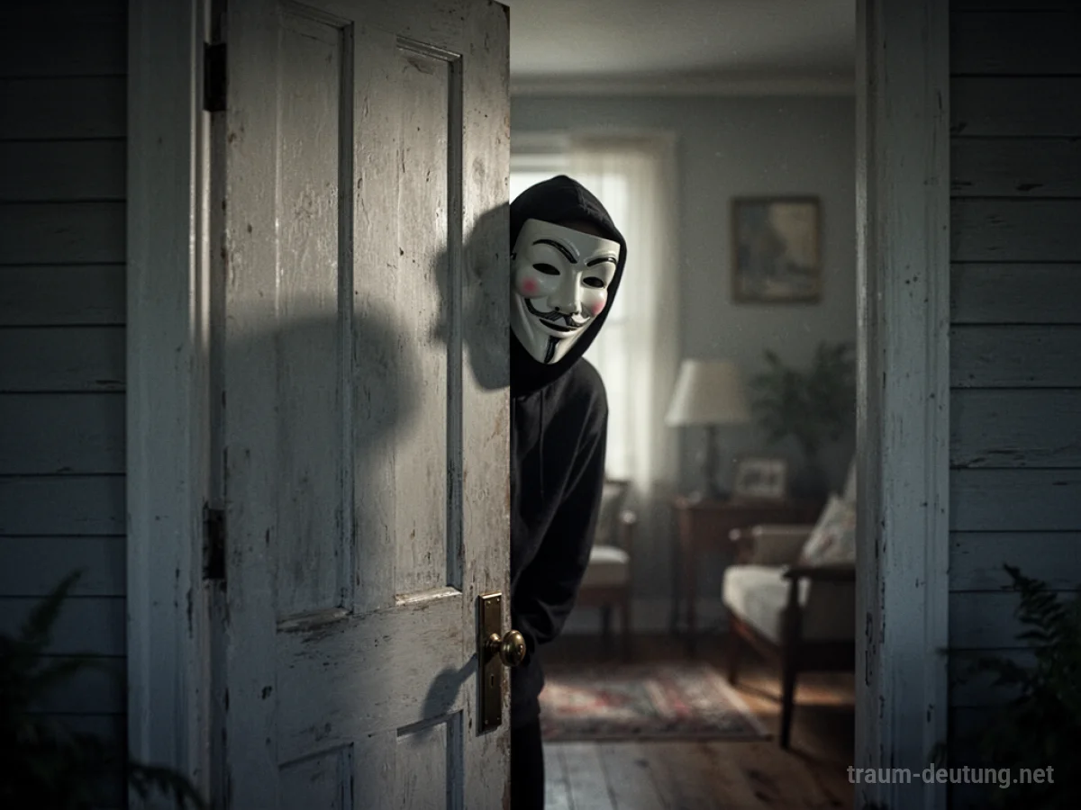 Schattenfigur mit Maske steht vor leicht geöffneter Tür eines Hauses