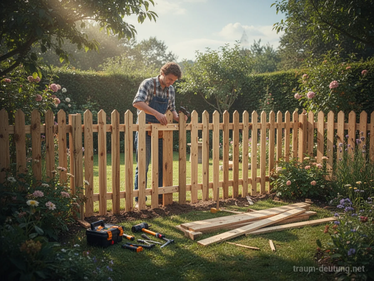 Person baut einen Holzzaun im Garten.