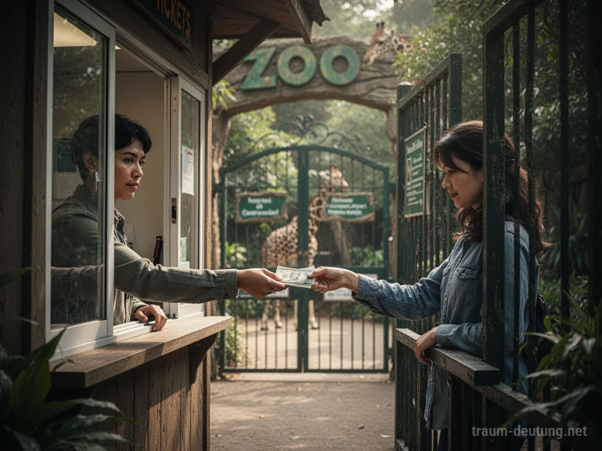 Person bezahlt Eintritt an einer Kasse vor einem Zoo-Tor.