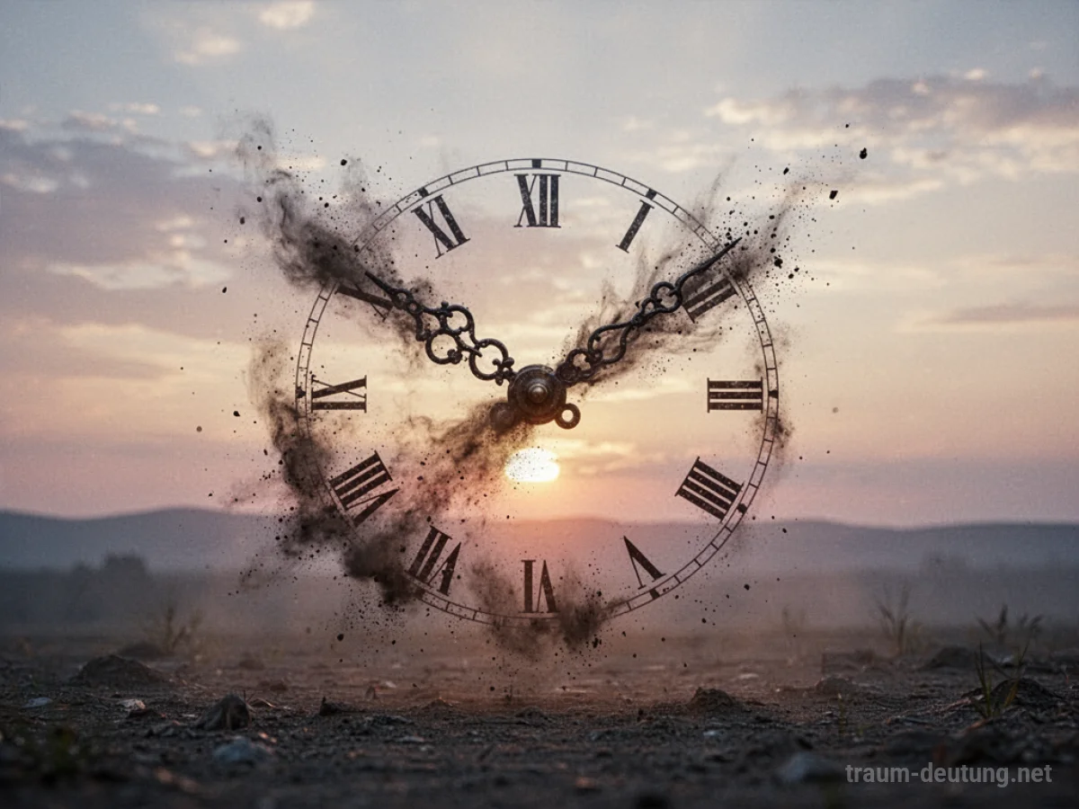 Eine zerfallende Uhr im Traum vor einem verblassenden Sonnenuntergang.