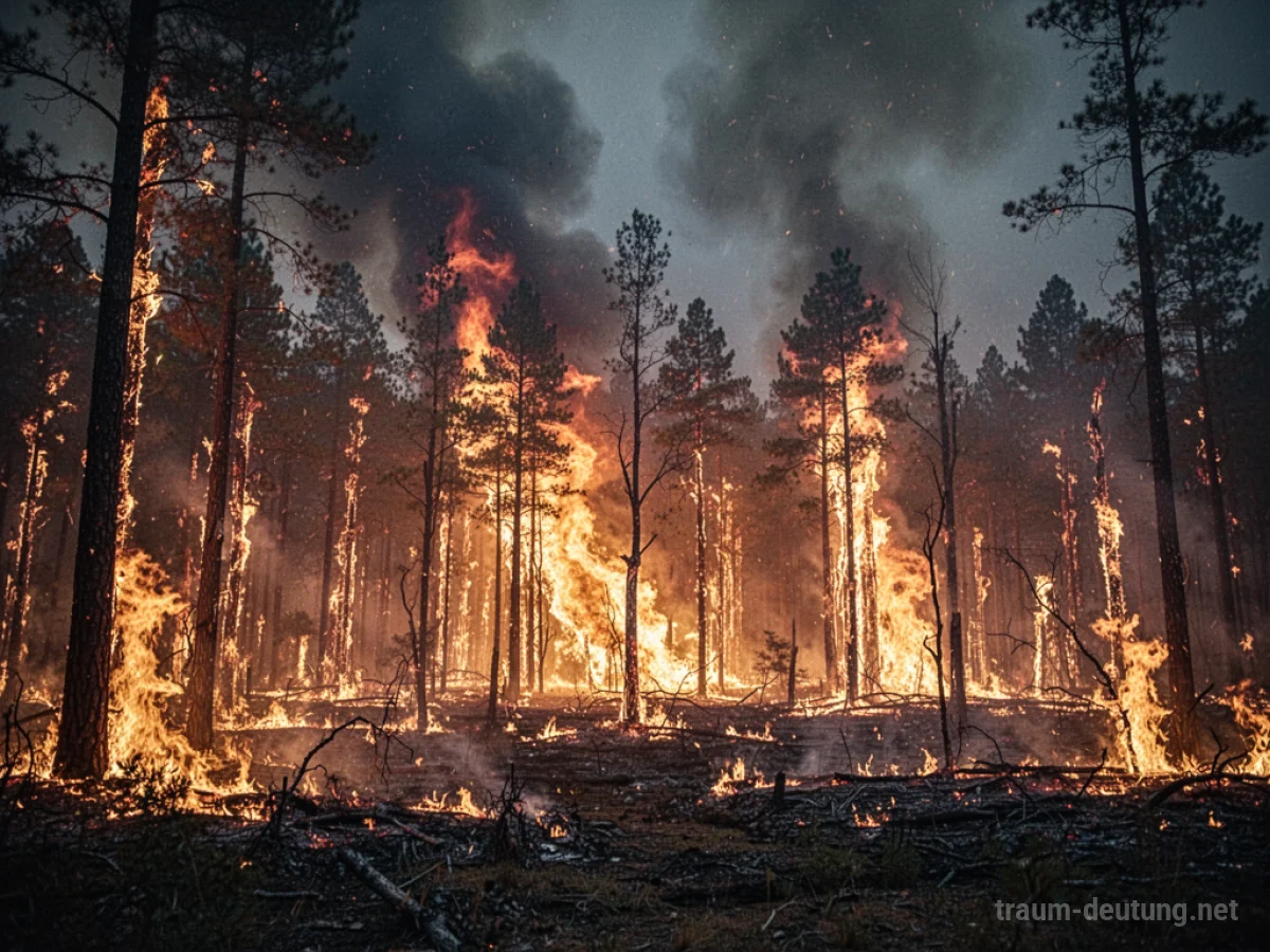 Brennender Wald im Traum, Feuer zerstört Bäume und Umgebung