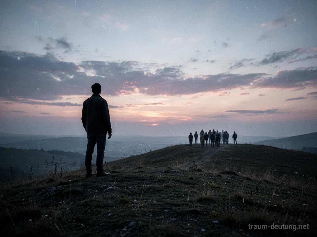 Silhouette einer Person, die eine Gruppe Fremder aus der Ferne beobachtet.