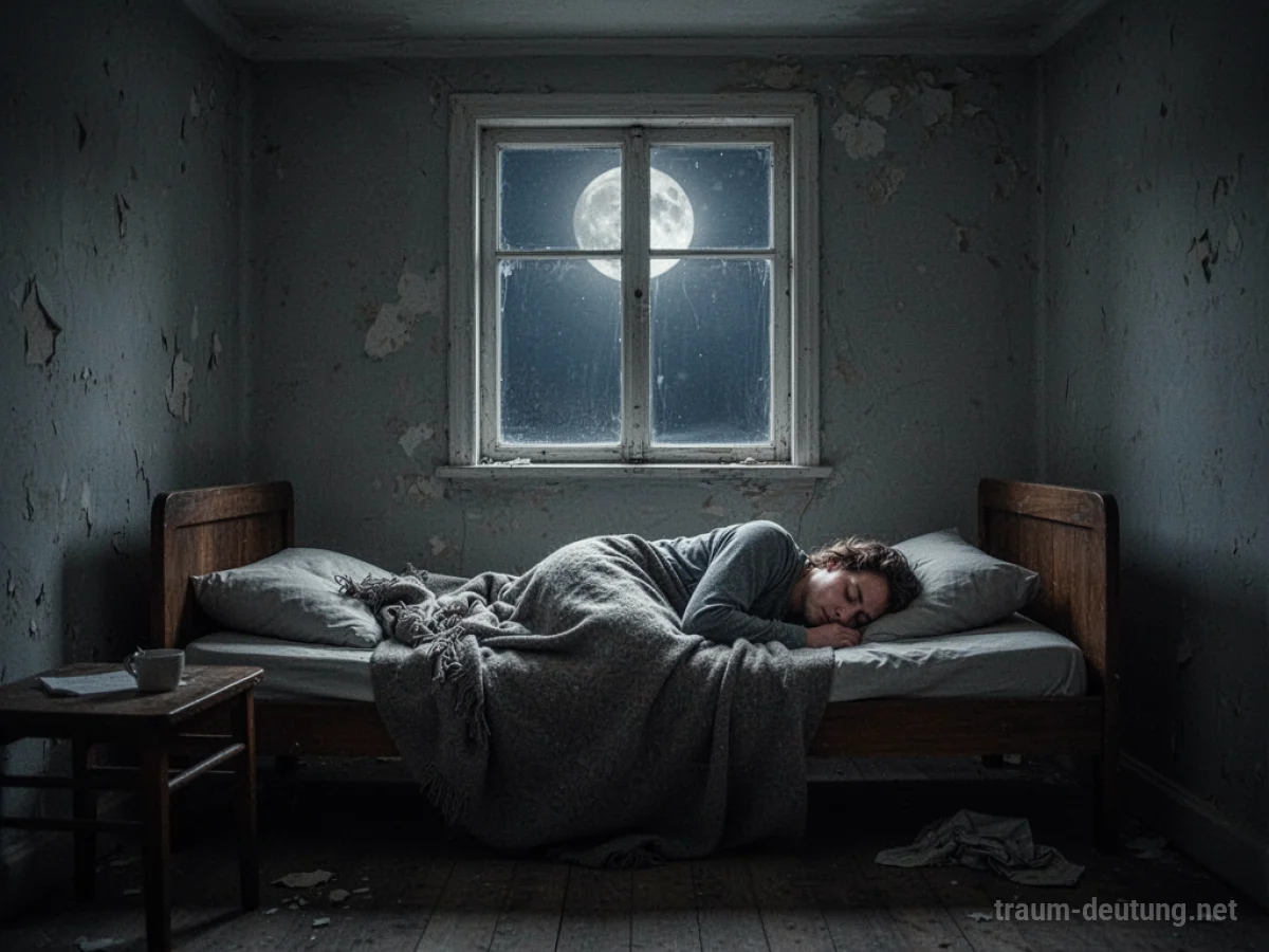 Eine Person schläft in einem unbekannten Zimmer unter Mondlicht.