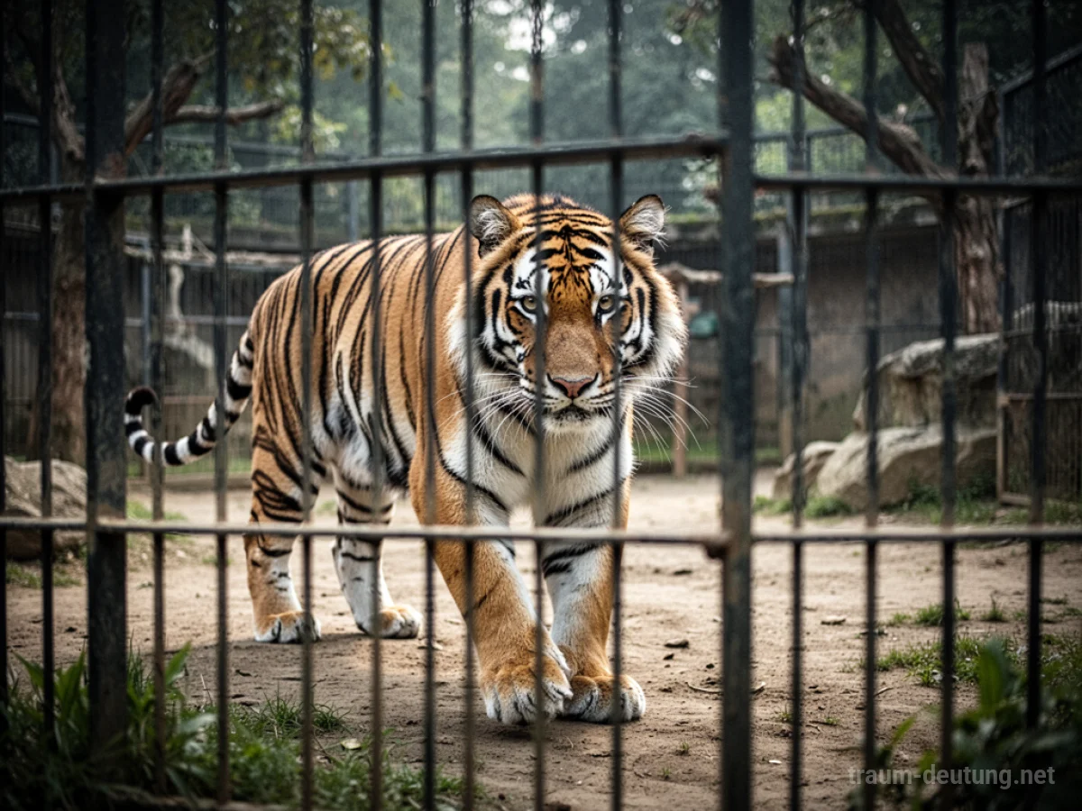Ein Tiger in seinem Gehege im Zoo, mit einem Zaun im Vordergrund.