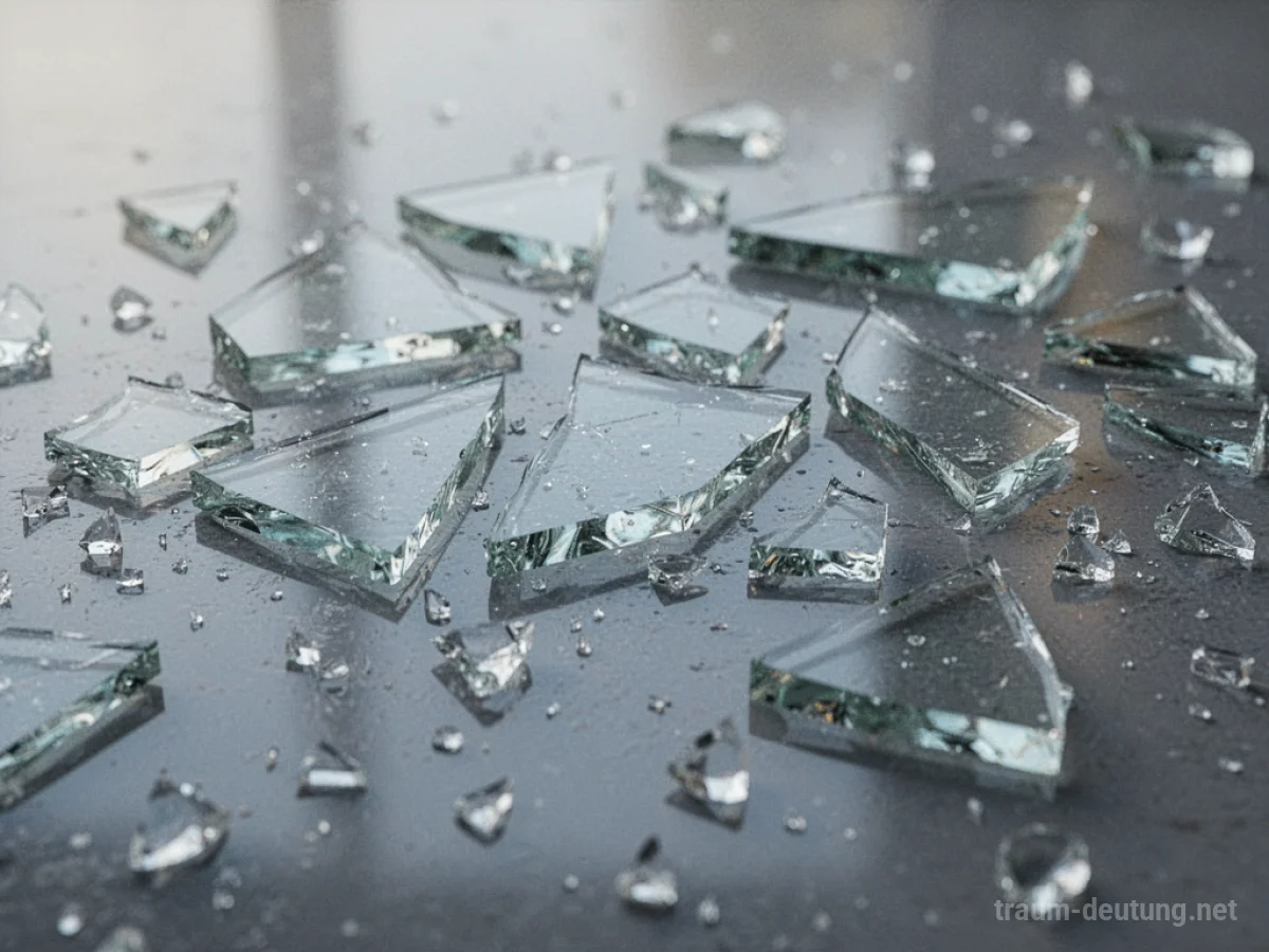 Scherben von zerbrochenem Glas auf einer glatten Oberfläche.