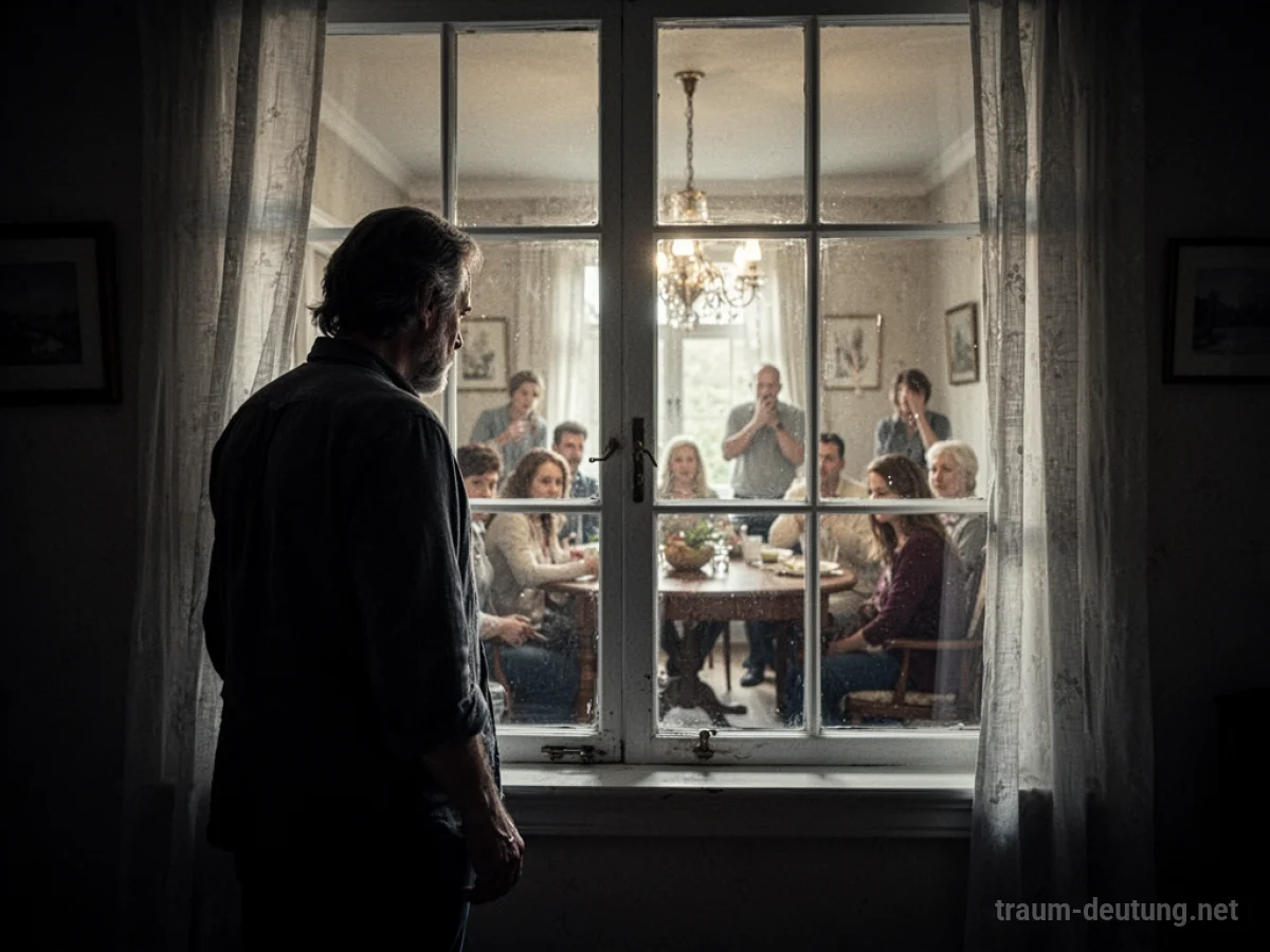 Person schaut heimlich durch ein Fenster in einen beleuchteten Raum.