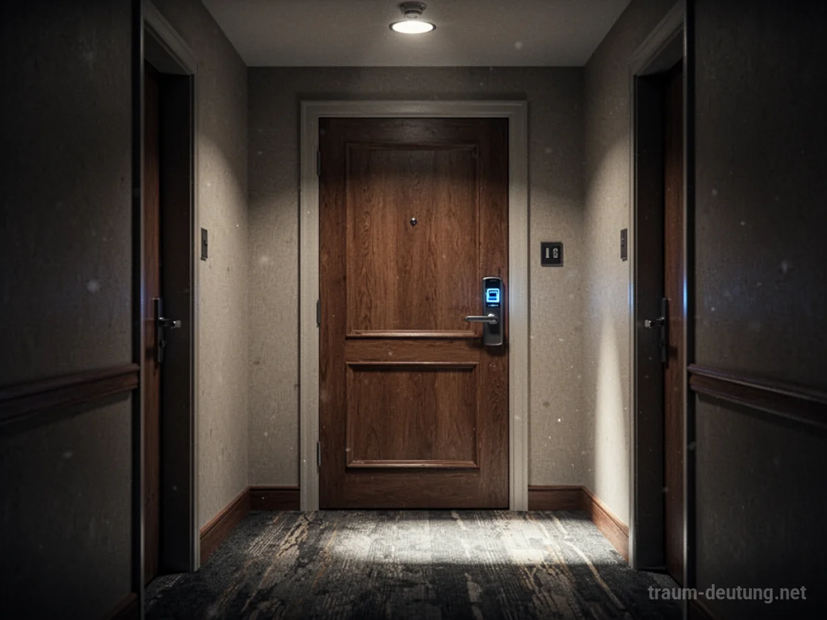 Eine Hotelzimmertür mit Schlüsselkartenschlitz im schwach beleuchteten Flur.