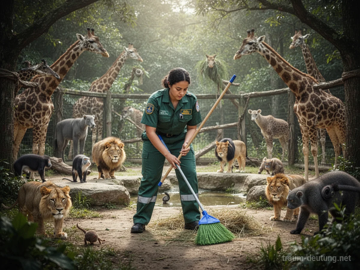 Eine Person in Zookeeper-Kleidung arbeitet in einem Gehege mit Tieren.