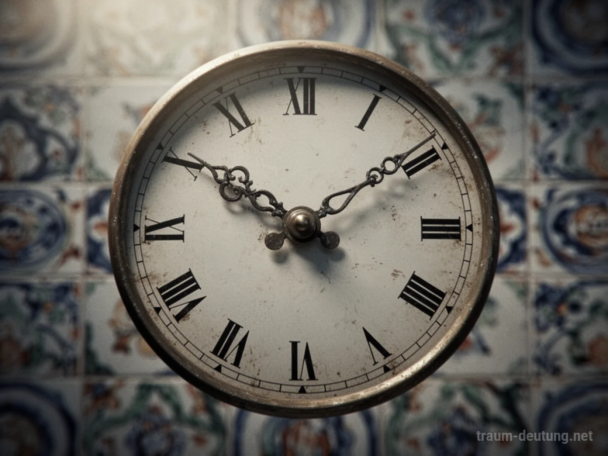 Eine Uhr, deren Zeiger stillstehen, vor einem verschwommenen Muster.